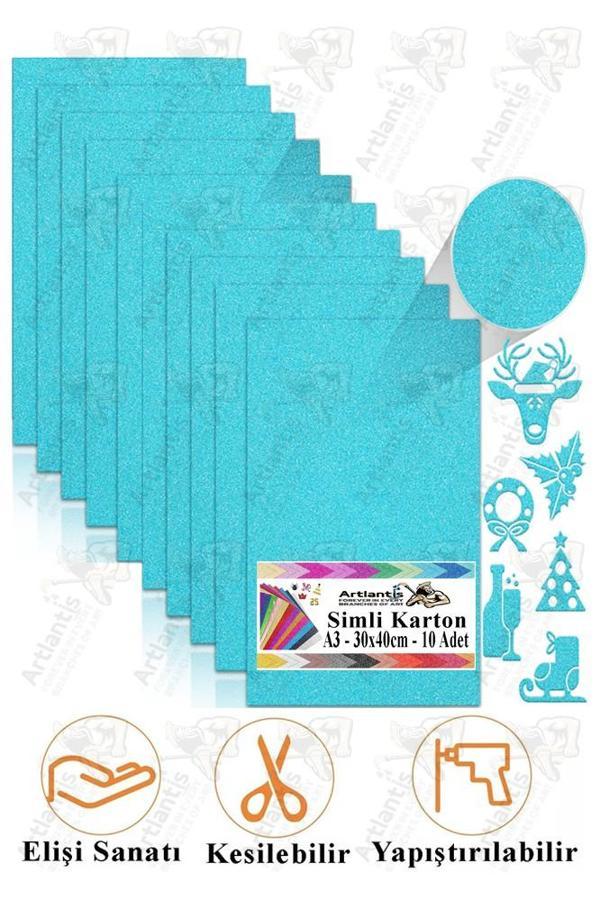 Açık Mavi Simli Karton A3 30x40 cm 10 lu 1 Paket Simli Fon Kartonu Parıltılı Kağıt Anasınıfı Kreş Etkinlik Proje - Image 1