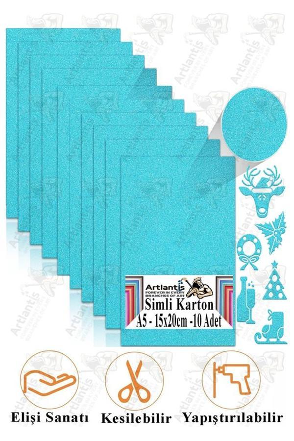 Açık Mavi Simli Karton A5 15x20 cm 10 lu 1 Paket Simli Fon Kartonu Parıltılı Kağıt Anasınıfı Kreş Etkinlik Proje - Image 1