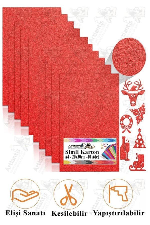 Kırmızı Simli Karton A4 20x30 cm 10 lu 1 Paket Simli Fon Kartonu Parıltılı Kağıt Anasınıfı Kreş Etkinlik Proje - Image 1