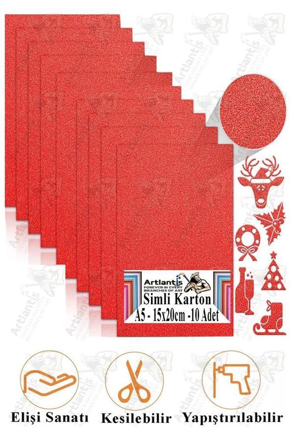 Kırmızı Simli Karton A5 15x20 cm 10 lu 1 Paket Simli Fon Kartonu Parıltılı Kağıt Anasınıfı Kreş Etkinlik Proje - Image 1