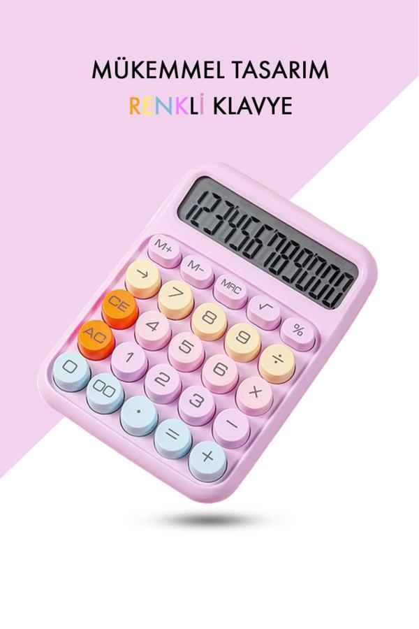 Vanckey Renkli Hesap Makinesi - 12 Haneli Yuvarlak Tuşlu Pembe Renk Hesap Makinesi - 4 Fonksiyonlu - Image 1