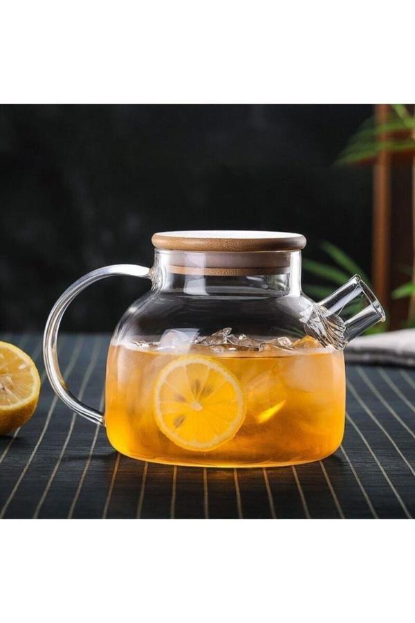 Vanckey 1000ml Bambu Kapaklı Isıya Dayanıklı Cam Bitki Çayı Demliği Cam Sürahi - Image 1