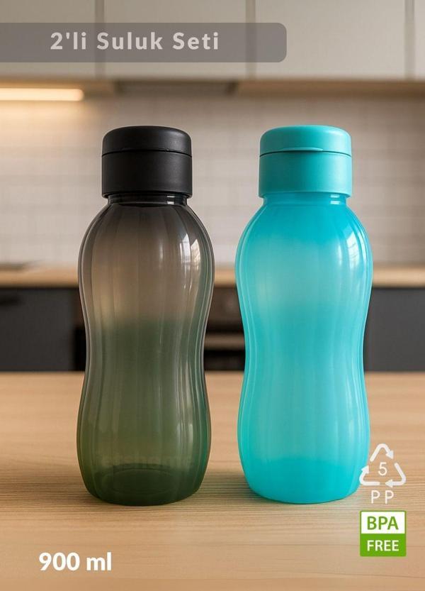 Suluk 2'li Set Su Şişesi BPA Free Okul Suluğu PP-5 Suluk Spor Okul Ofis Suluğu Siyah-Mavi 900 ml - Image 1