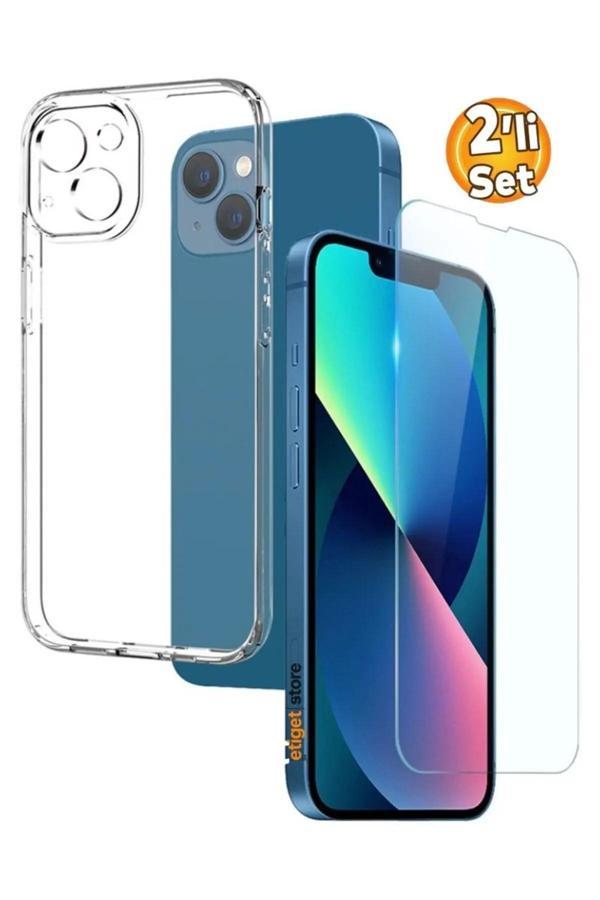 İPhone 13 / 14 Şeffaf Silikon Kılıf + Cam Ekran Koruyucu Seti - Image 1