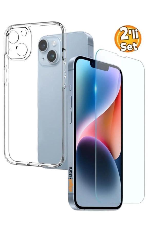 iPhone 14 Plus Şeffaf Silikon Kılıf + Cam Ekran Koruyucu Seti - Image 1