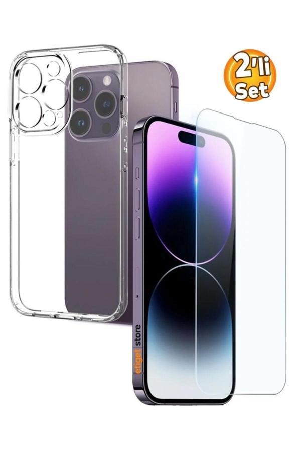 iPhone 14 Pro Şeffaf Silikon Kılıf + Cam Ekran Koruyucu Seti - Image 1