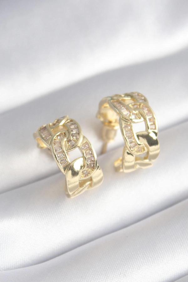 Pirinç Gold Renk Zirkon Taş Detay Zincir Model Kadın Küpe - Image 1