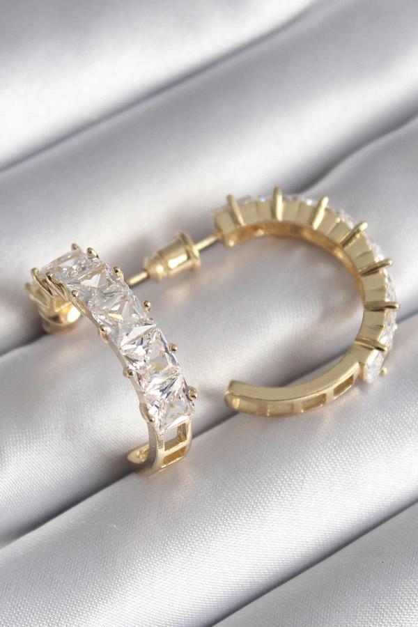 Pirinç Gold Renk Zirkon Taşlı Halka Model Kadın Küpe - Image 1