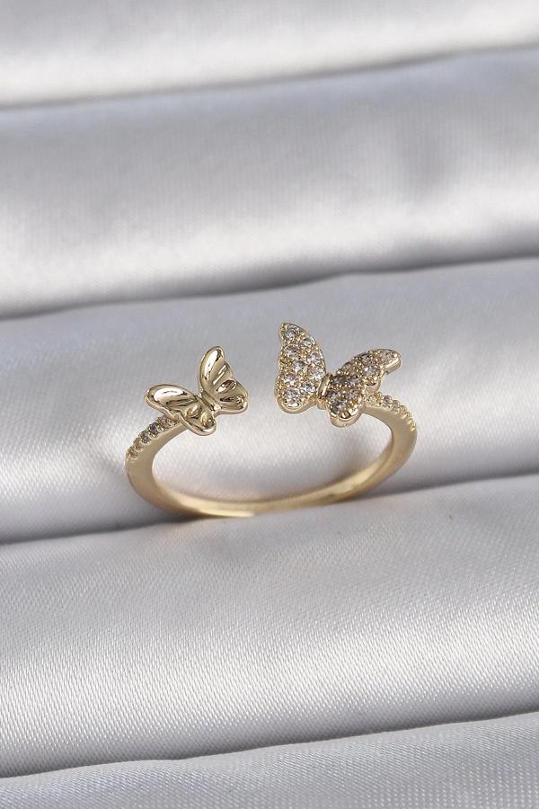 Pirinç Gold Renk Ayarlanabilir Zirkon Taşlı Kelebek Model Kadın Yüzük - Image 1