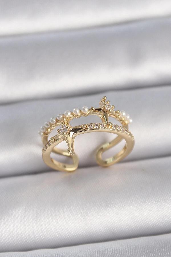 Pirinç Gold Renk Ayarlanabilir Zirkon Taşlı İncili Yıldız Model Kadın Yüzük - Image 1