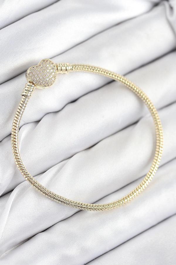 Pirinç Charm Zirkon Taşlı Kalp Model Gold Renk Kadın Bileklik - Image 1