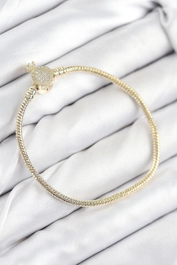 Pirinç Charm Zirkon Taşlı Taç Model Gold Renk Kadın Bileklik - Image 1