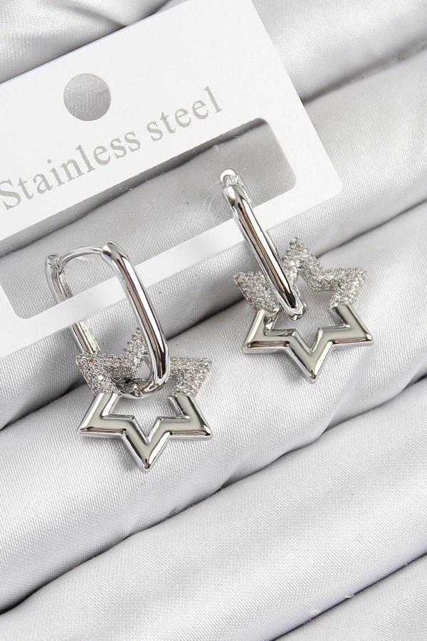 Pirinç Zirkon Taşlı Yıldız Model Gümüş Renk Kadın Küpe - Image 1