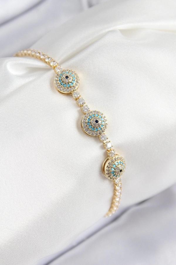 Pirinç Zirkon Taşlı Nazar Model Gold Renk Kadın Bileklik - Image 1