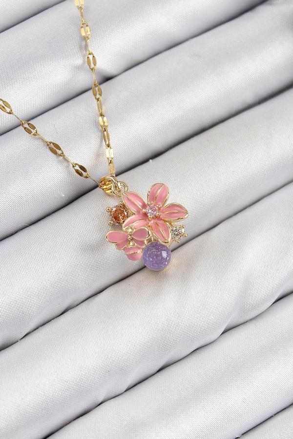 316L Çelik Zirkon Taşlı Arı Detaylı Pembe Çiçek Model Gold Renk Kadın Kolye - Image 1