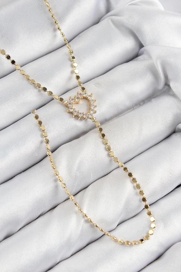 Pirinç Zirkon Taşlı Ezme Zincirli Kalp Model Gold Renk Y Kolye - Image 1