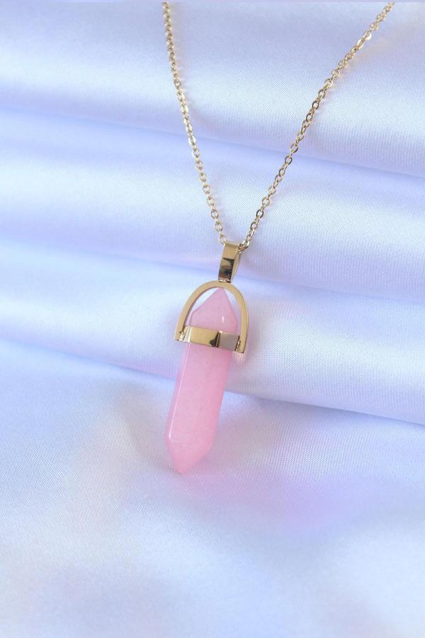316L Çelik Gold Renk Kristal Pembe Taş Model Kadın kolye - Image 1
