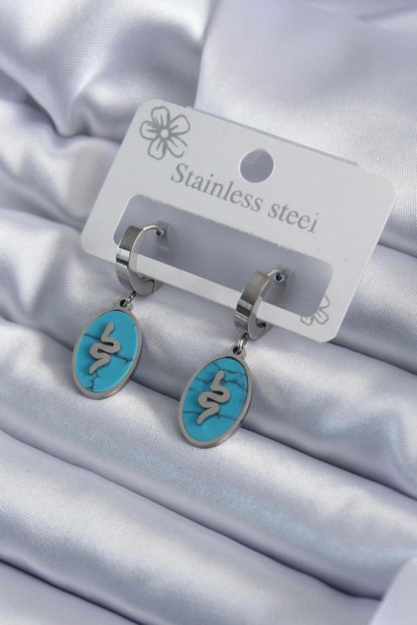 316L Çelik Gümüş Renk Oval Mavi Taşlı Yılan Figür Kadın Küpe - Image 1