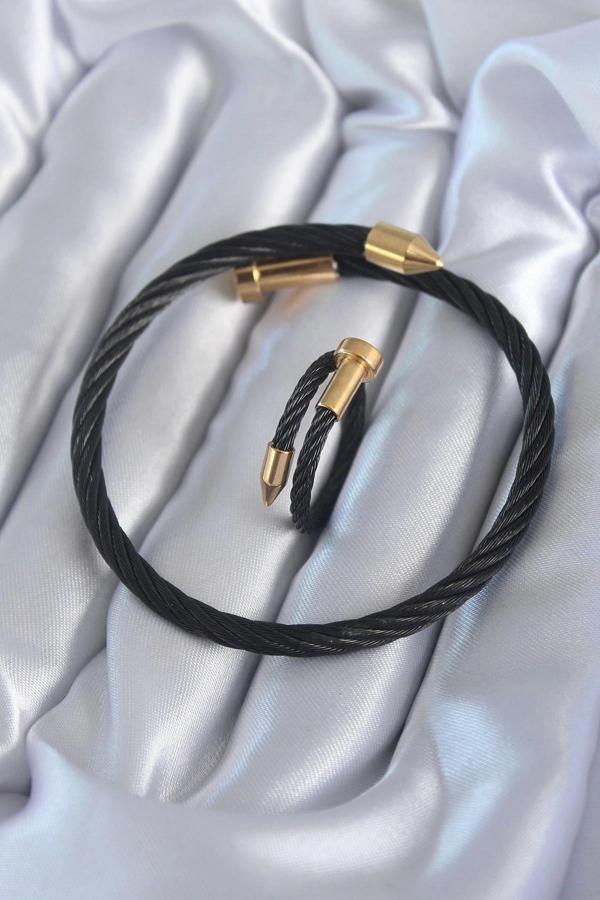 316L Çelik Siyah Renk Gold Detay Sarmal Model Erkek Bileklik Yüzük Kombini - Image 1
