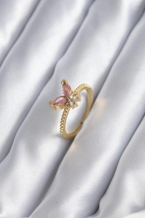 Gold Renk Pembe Zirkon Taşlı Kelebek Model Kadın Yüzük - Image 1