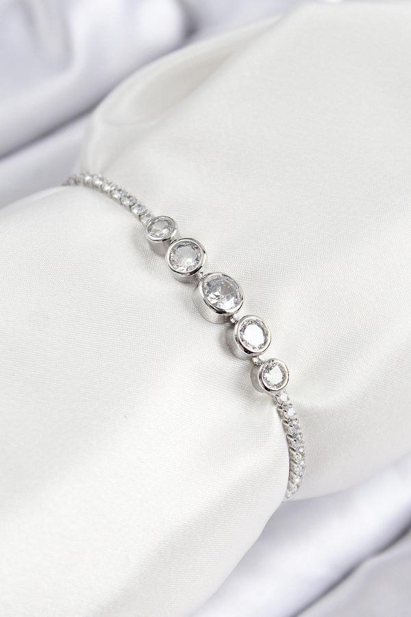 Pirinç Zirkon Taşlı Sıralı Daire Model Gümüş Renk Asansörlü Kadın Bileklik - Image 1