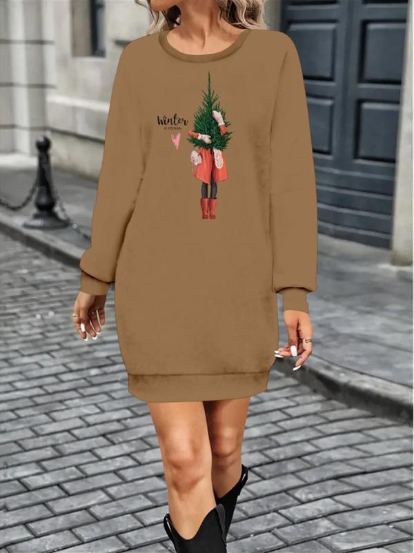 Kadın Uzun Kollu Bisiklet Yaka Desenli Kısa Viskon Iki Iplik Elbise - Image 1