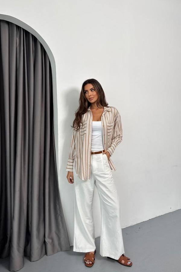 ÇİZGİLİ GÖMLEK - Bej - Image 1