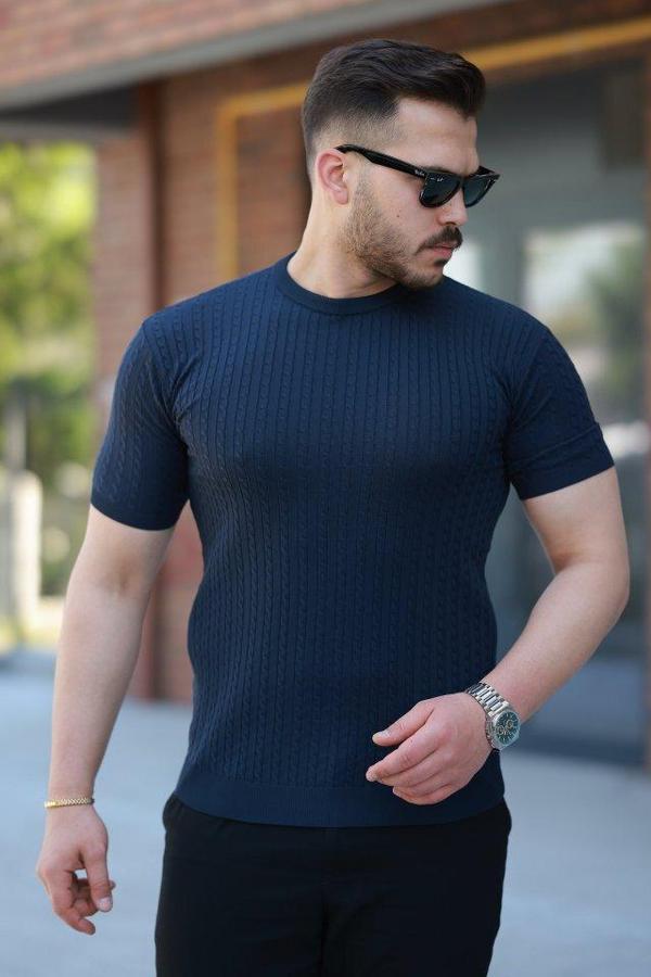 Erkek Bisiklet Yaka örgü Desenli Kısa örme Triko Kısa Kollu T-shirt - Image 1