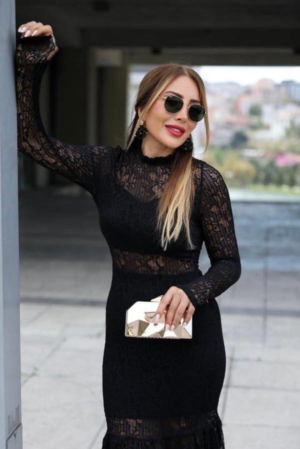Siyah Uzun Kullu Güpür Ve Transparan Detay Diz üstü Elbise - Image 1