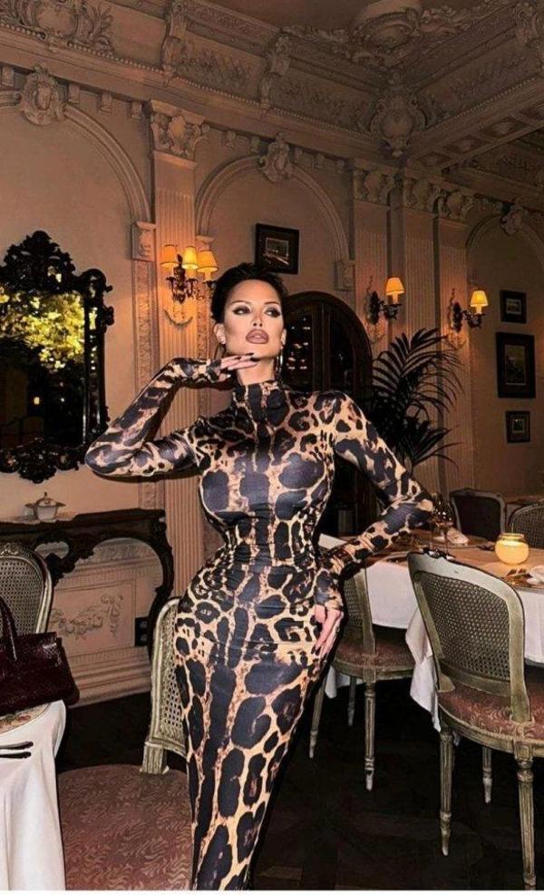 Kadın Yarım Balıkçı Yaka Uzun Kollu Leopar Baskılı Atlas Kumaş Maxi Boy Elbise - Image 1