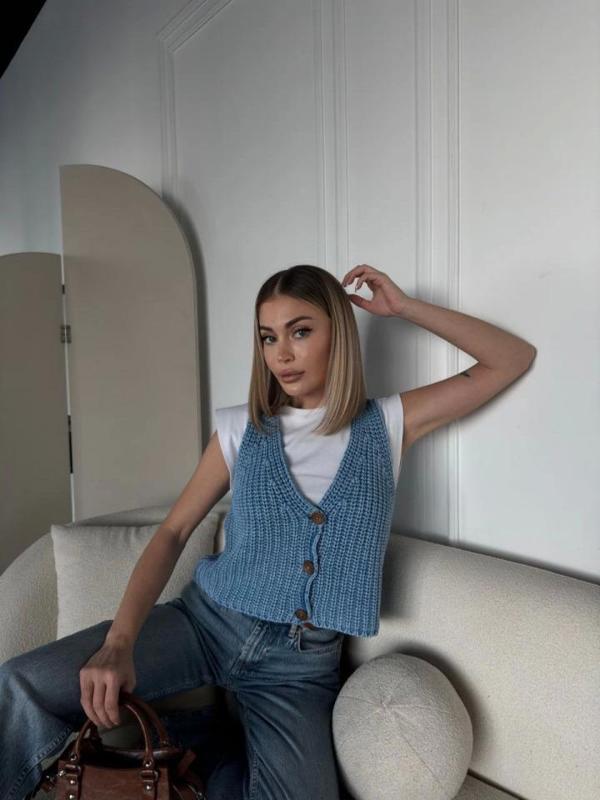 Triko Kolsuz Düğmeli Yelek - Mavi - Image 1