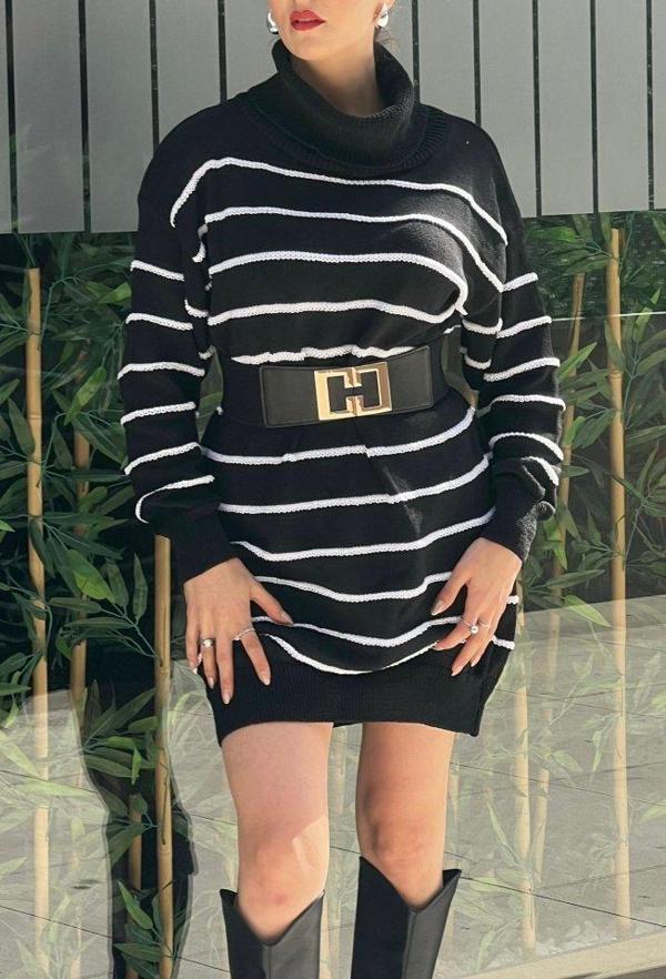 Kadın Uzun Kollu Degaje Yaka çizgili Sonya Iplik Mini Boy Triko Elbise (kemersiz) - Image 1