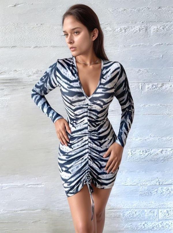 Kadın V Yaka önü Asansör Büzgü Detay Fırsat ürün Zebra Mini Elbise - Image 1