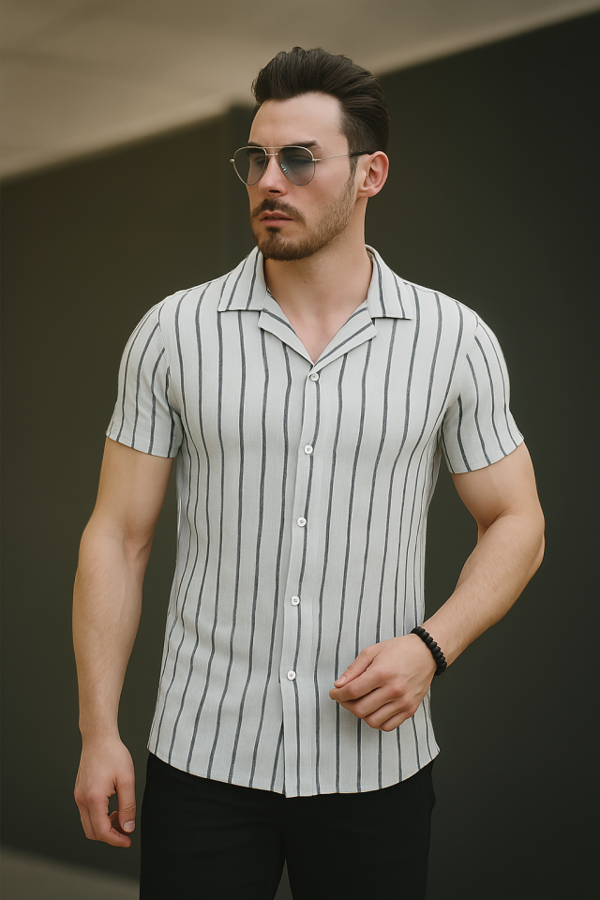Erkek Kısa Kollu Gri çizgi Desenli örme Kumaş Pamuklu Gömlek - Image 1