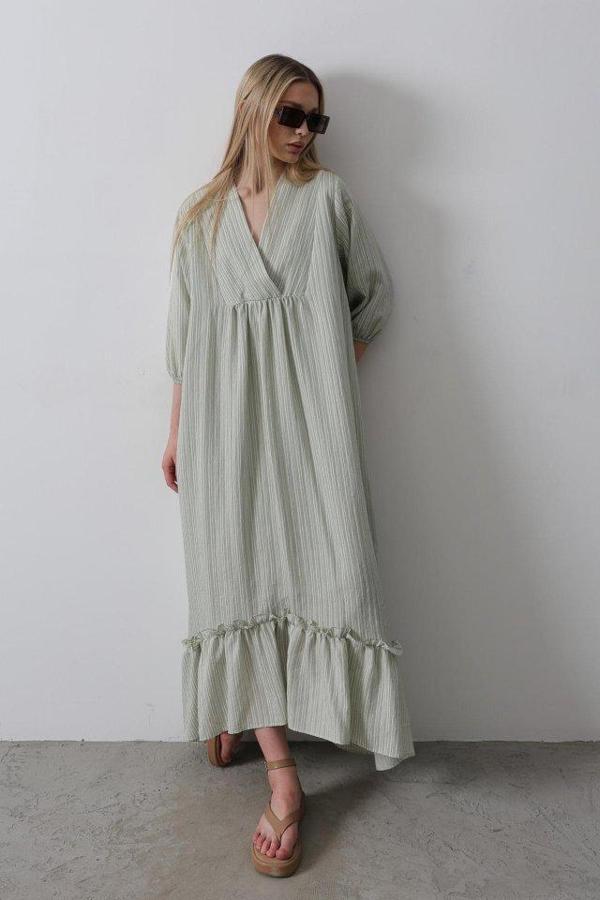 Çizgili Oversize V Yaka Elbise - Haki - Image 1