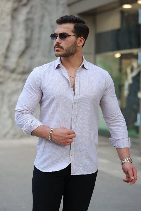 Erkek çizgi Desenli Uzun Kollu Pamuklu Keten Gömlek - Image 1