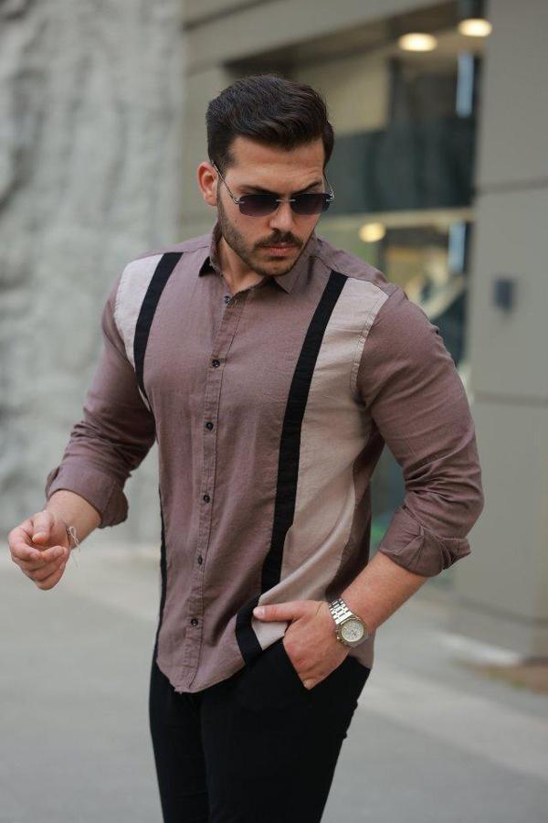 Erkek şerit Detaylı Uzun Kollu Pamuklu Keten Gömlek - Image 1