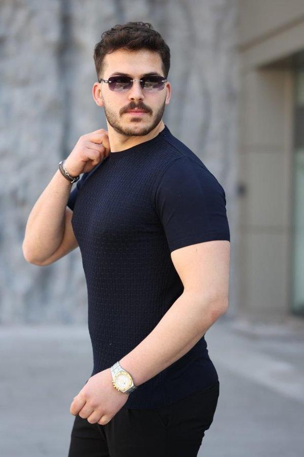 Erkek Viskon Kumaş Bisiklet Yaka Desenli Tişört - Image 1