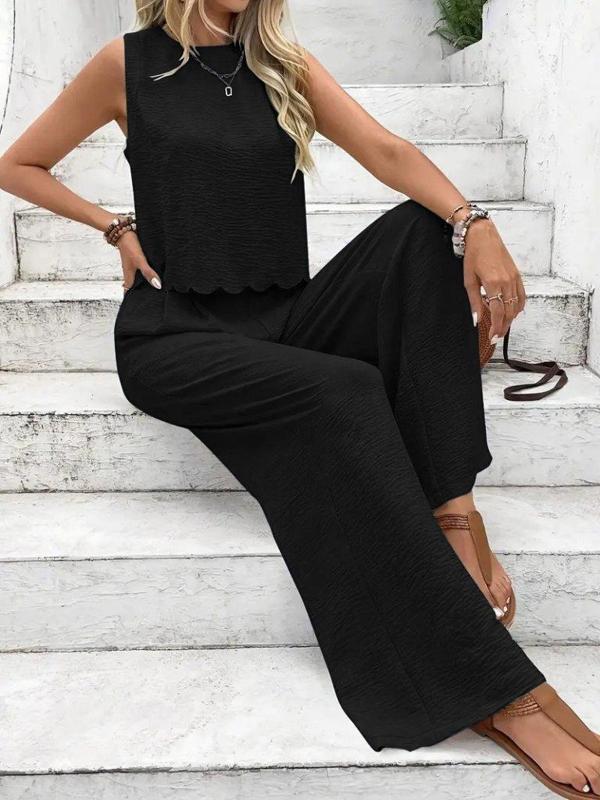 Kadın Sıfır Kollu Bisiklet Yaka Arkadan Bağlamalı Aer8bin Bluz Ve Pantolon Ikili Takım - Image 1