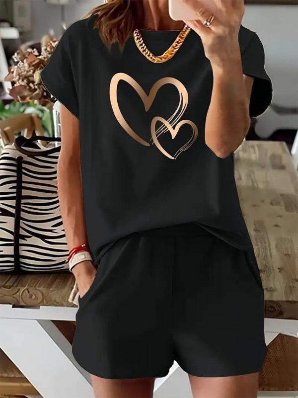 Kadın Kısa Kollu Bisiklet Yaka Viskon Iki Iplik Bluz Ve Short Ikili Takım - Image 1