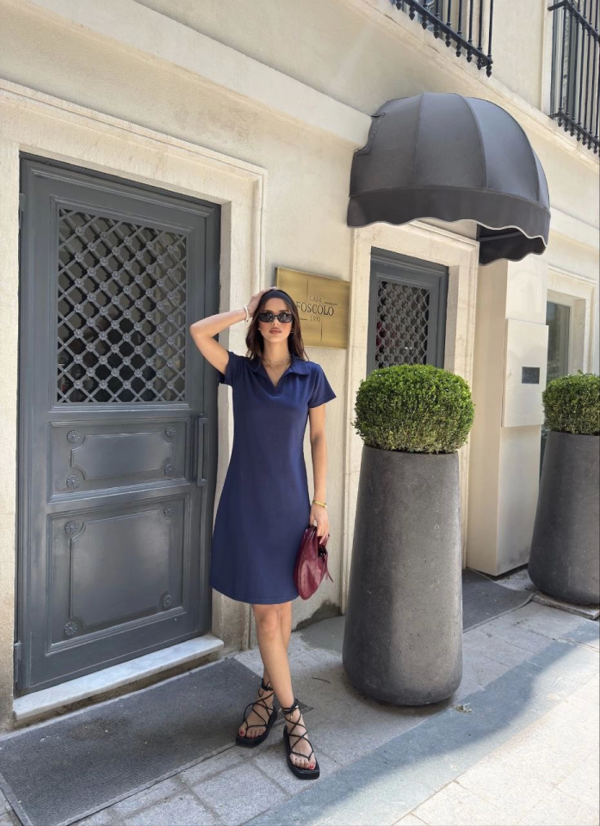 Osy Modal Yumuşak Dokulu Kumaş Yakalı Kısa Kollu Elbise - Mavi - Image 1