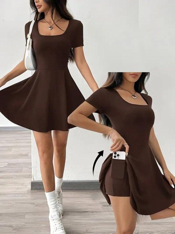 Kadın Kısa Kollu Kare Yaka Short Detaylı Cepli Dalgıç Elbise - Image 1