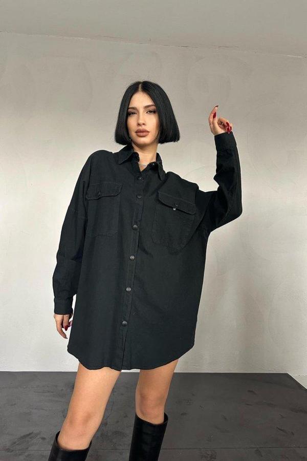 Siyah Çift Cep Kapaklı Çıtçıtlı Gömlek - Image 1