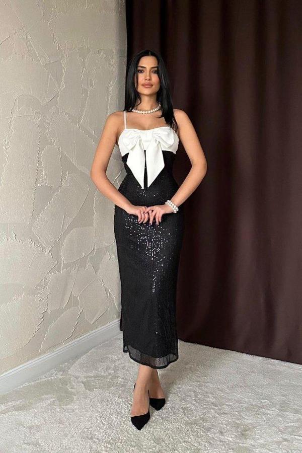 Siyah Önü Fiyonklu Garnili Elbise - Image 1