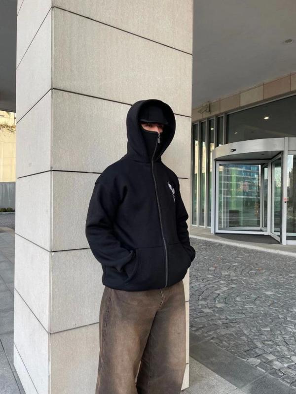 Samuray Kapşonlu ZIP Fermuarlı Kapşonlu SweatShirt - Siyah - Image 1