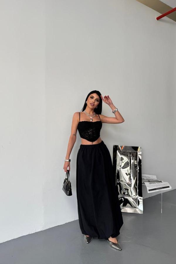 BEL LASTİKLİ BALON ETEK ŞANEL BOY SOFT KUMAŞ - Siyah - Image 1