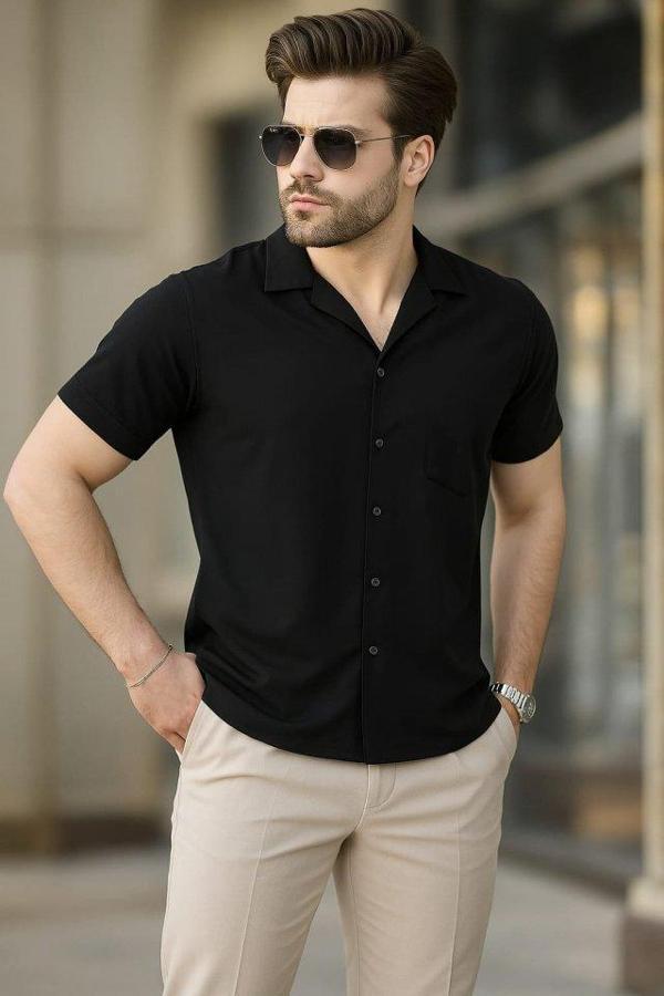 İki İplik Kumaş Gömlek - Siyah - Image 1