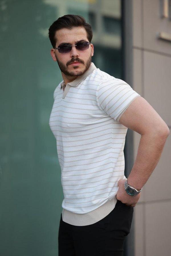 Erkek Kısa Kollu çizgi Desenli örme Kumaş Tshirt - Image 1