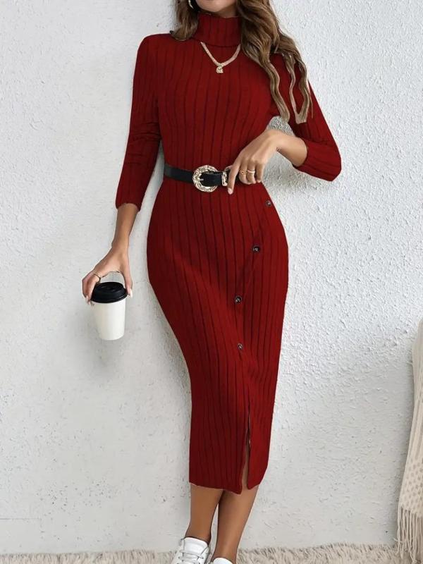 Kadın Uzun Kollu Balıkçı Yaka Yırtmaçlı Düğmeli şardonlu Kaşkorse Elbise(kemersiz) - Image 1