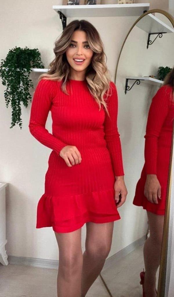 Kadın Bisiklet Yaka Uzun Kol Etek Ucu Fırfırlı Triko (polyenit) Mini Boy Elbise - Image 1